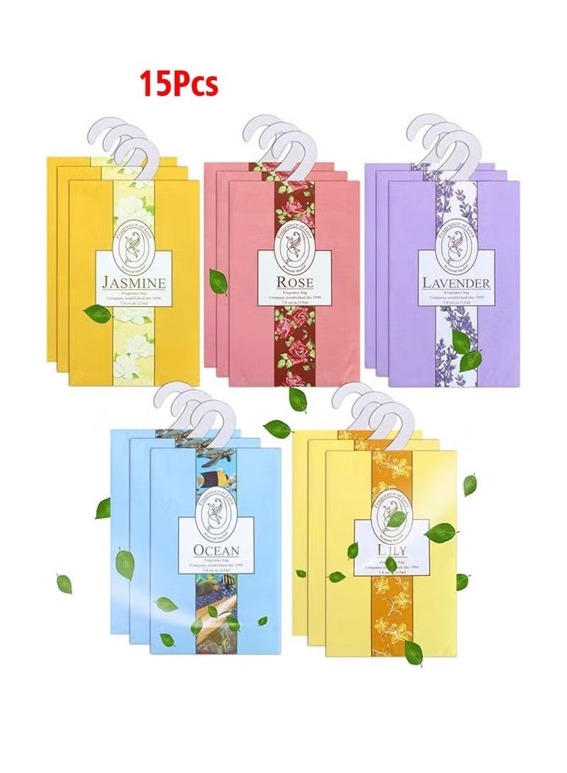 ١٥ عبوة من أكياس معطرة ومعطرة للجو مع خطاف للتعليق، أكياس برائحة طبيعية، معطر جو للخزانة، أكياس معطرة برائحة الزهور للأدراج والخزانة، معطر جو برائحة منعشة - Image 1